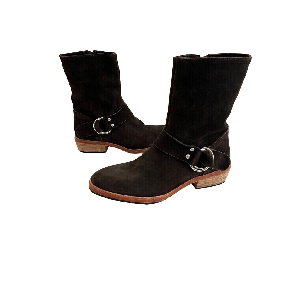 Free People Womens Suede Leather Ankle Boots Sz 7 Biker Moto Mid Calf Zip Brown